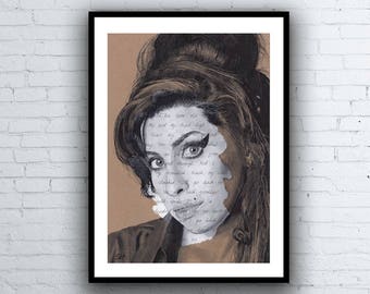 Amy Winehouse Portrait Drawing - signed Giclée art print with Back To Black Lyrics - A5 A4 A3 Size