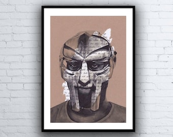 MF DOOM Portrait Drawing with Accordian Lyrics - signed Giclée art print A5 A4 A3 size Madvillain marker pen painting word art