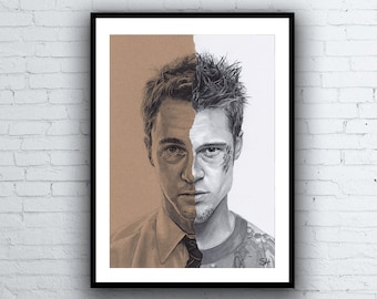 Tyler Durden Portrait Drawing - Signed Fight Club Art Print - Brad Pitt & Edward Norton - A5 A4 A3 sizes