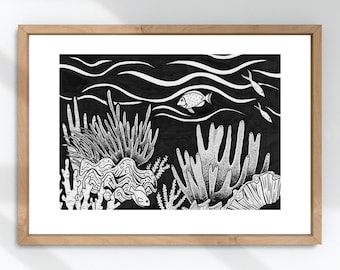 Coral Reef Ink Drawing – Black and White Art Print