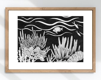 Coral Ink Pen Drawing - Art print - A5 A4 A3 Sizes - Black and White illustration - inktober 2020 artwork