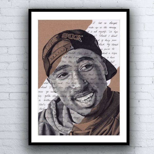 Tupac Shakur Portrait - imprimé d’art Giclée signé avec paroles Changes. Stylo marqueur dessin A5 A4 A3 tailles 2pac Hip Hop Art