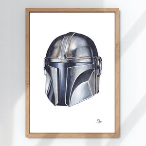 Dibujo de casco mandaloriano - Impresión de arte - Tamaños A5 A4 A3 - ilustración de pluma de tinta - ilustraciones de armadura inktober 2020