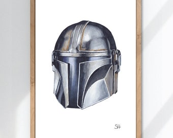 Dibujo de casco mandaloriano - Impresión de arte - Tamaños A5 A4 A3 - ilustración de pluma de tinta - ilustraciones de armadura inktober 2020