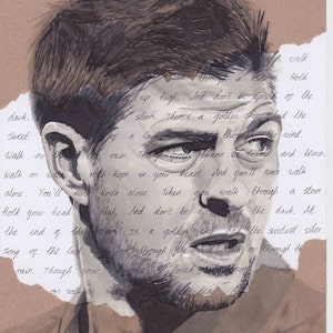 Ritratto di Steven Gerrard - Stampa artistica Giclée firmata con il testo di &quot;You&#39;ll Never Walk Alone&quot;. Disegno a pennarello in formato A4, Liverpool FC Art.