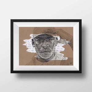 May include: A black and white drawing of a man wearing a baseball cap. The drawing is on a brown paper background with handwritten text.