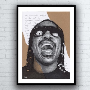 Stevie Wonder Portrait Drawing with Superstition Lyrics - Limited Edition Giclée Art Print - A5 A4 A3 sizes
