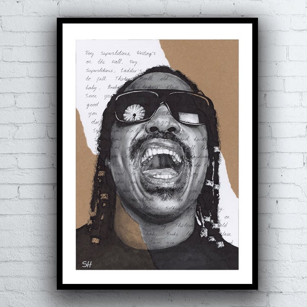 Dessin de portrait de Stevie Wonder avec les paroles de la superstition - Impression giclée d'art en édition limitée - Formats A5 A4 A3