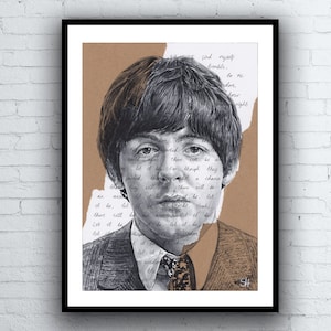 Paul McCartney Portrait Drawing with Let It Be song lyrics - fine art giclée print A5 A4 A3 size