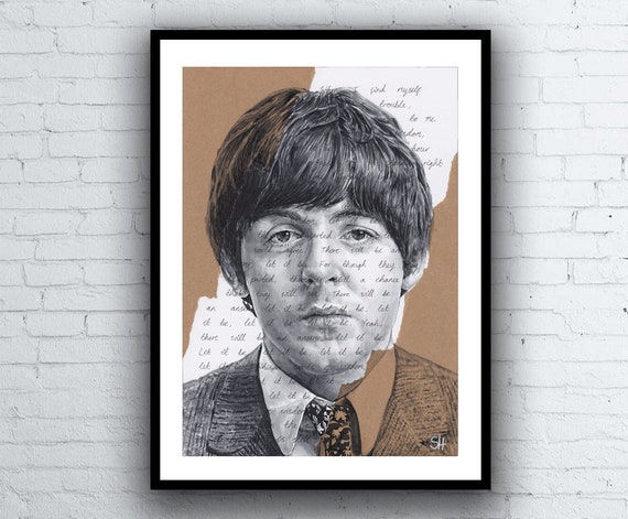 Paul McCartney Portrait Drawing with Let It Be song lyrics - fine art  giclée print A5 A4 A3 size
