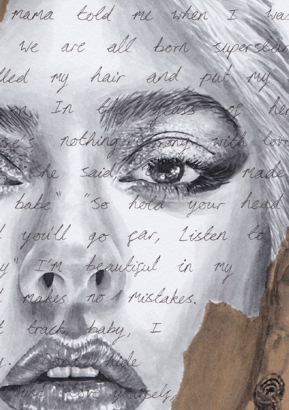 Lady Gaga Original Portrait Drawing – Born This Way Lyrics, A4 Pen