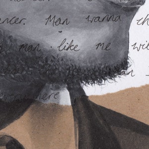 Peut inclure: Une illustration en noir et blanc d'un visage d'homme avec une barbe. L'homme porte une veste de costume noire. Le texte "The man wanna be like me" est &eacute;crit sur l'image.