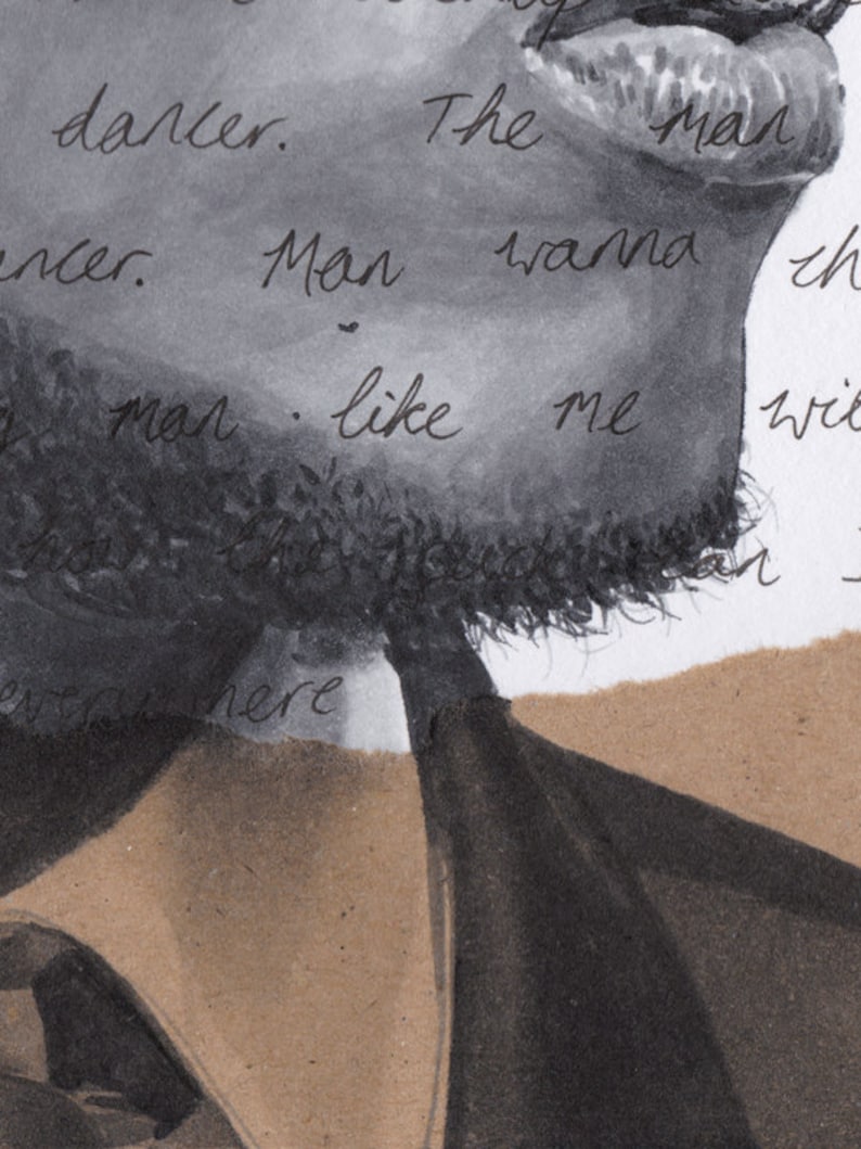 Peut inclure: Une illustration en noir et blanc d'un visage d'homme avec une barbe. L'homme porte une veste de costume noire. Le texte "The man wanna be like me" est &eacute;crit sur l'image.