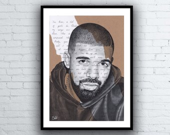 ORIGINAL Drake Portrait Drawing with Best I Ever Had Lyrics - A4 Size Art Signed