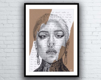 Lady Gaga ORIGINAL Portrait Drawing with Born This Way lyrics - A4 size signed pen Art