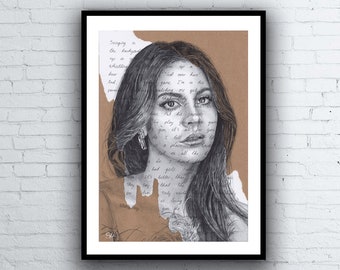 Lana Del Rey ORIGINAL Portrait Drawing with Video Games lyrics - A4 size signed pen Art