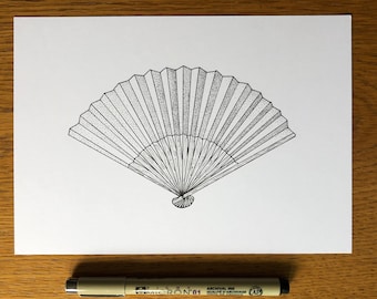 Ink drawing “Fan” Inktober 2021 day 3 - ORIGINAL pen artwork pointillism - traditional Japanese fan