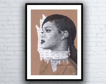 Rihanna ORIGINAL Portrait Drawing with Umbrella lyrics - A4 size signed Artwork