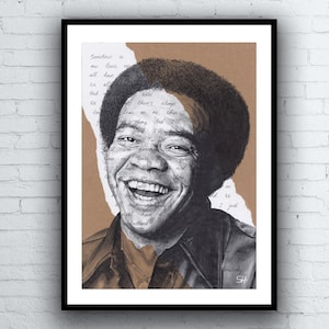 Bill Withers Portrait Drawing with Lean On Me Lyrics - Limited Edition Fine Art Print - A5 A4 A3 sizes