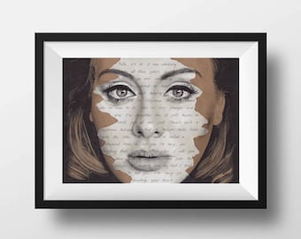 Adele Portrait Drawing with Hello lyrics - signed Giclée art print A5 A4 A3 sizes pen painting typography artwork