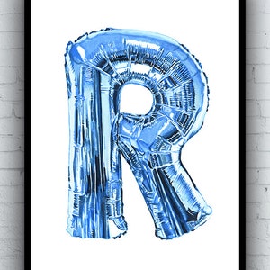 R Ballon Tusche Zeichnung - Kunstdruck - A5 A4 A3 Größen - Filzstift Illustration - Folie Alphabet Buchstabe R Kunstwerk blau rosa silber