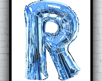 R Balloon Ink Drawing - Art print - A5 A4 A3 Sizes - marker pen illustration -  Foil Alphabet Letter R artwork blue pink silver