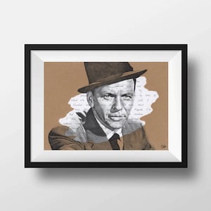 Peut inclure: Un dessin en noir et blanc de Frank Sinatra portant un fedora et un costume. Le dessin est sur un fond de papier brun avec du texte manuscrit.