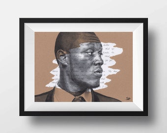 Dibujo de retrato ORIGINAL de Stormzy con letras de Shut Up - Arte tamaño A4 firmado