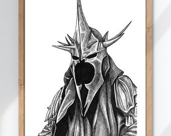 Lámina artística del Rey Brujo de Angmar – Dibujo a tinta de El Señor de los Anillos