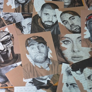 Cartes postales illustrées - Dessins de portraits de célébrités avec paroles de chansons - Tirages d’art de carte de taille A6