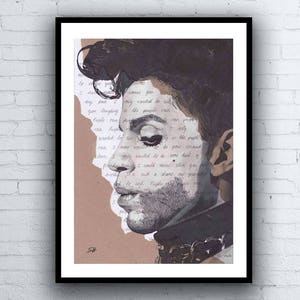 Prince Portrait Drawing - signed Giclée art print with Purple Rain Lyrics Background - A5 A4 A3 Size