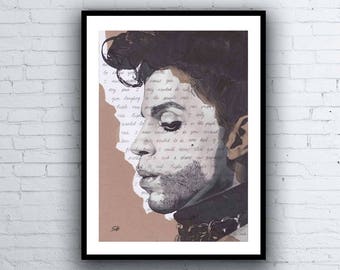 Prince Portrait Drawing - signed Giclée art print with Purple Rain Lyrics Background - A5 A4 A3 Size
