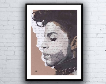 Prince Portrait Drawing - signed Giclée art print with Purple Rain Lyrics Background - A5 A4 A3 Size