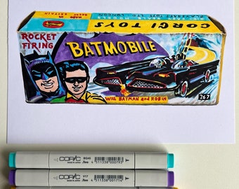 Batmobile box pen drawing ORIGINAL artwork - corgi toys illustration A5 size art