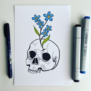 Forget Me Not Skull ORIGINAL Ink drawing Inktober 2022 - illustration floral art artwork