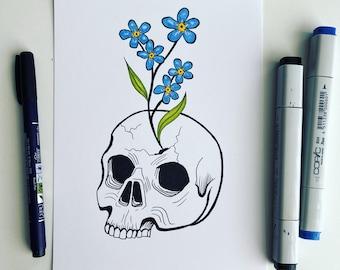 Forget Me Not Skull ORIGINAL Ink drawing Inktober 2022 - illustration floral art artwork