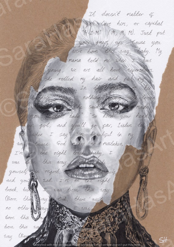 Lady Gaga Original Portrait Drawing – Born This Way Lyrics, A4 Pen