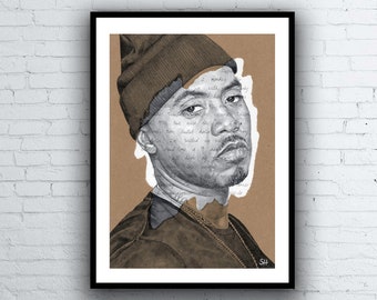 Nas ORIGINAL Portrait Drawing with New York State of Mind song lyrics - A4 Size Marker pen ink artwork