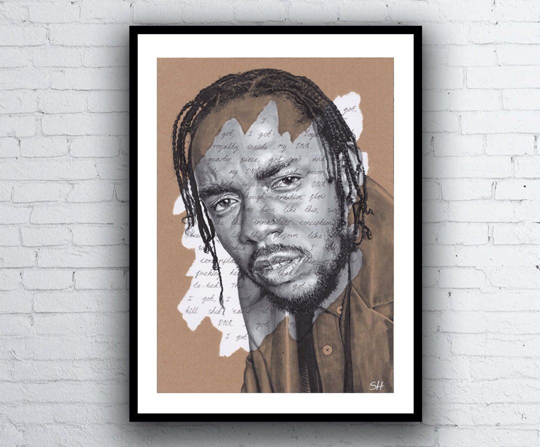 Kendrick Lamar ORIGINAL Portrait Drawing With DNA Lyrics - A4 Size