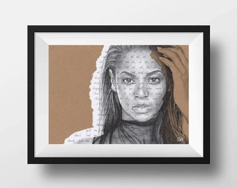 Beyonce ORIGINAL Portrait Drawing with Crazy In Love lyrics - A4 size Art