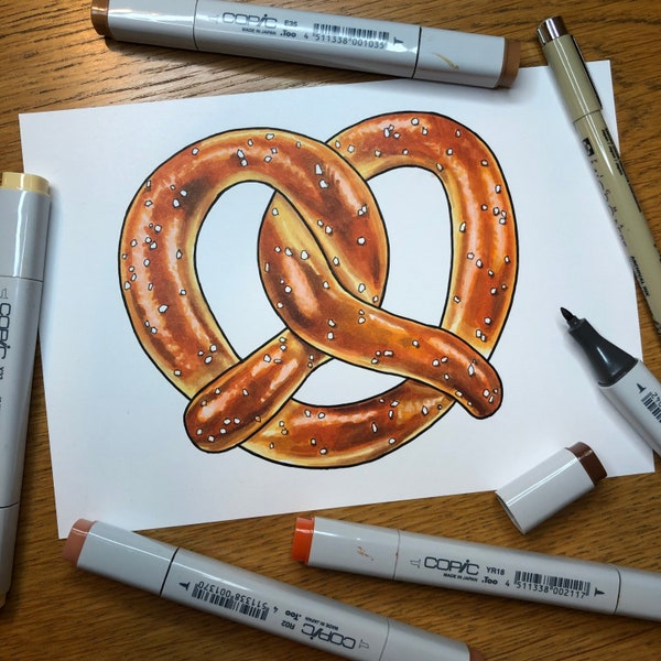 Dessin au stylo bretzel - « Noeud » Inktober 2021 jour 4 - Oeuvre d'art ORIGINALE - illustration culinaire format A5