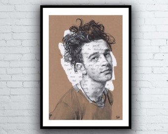 Matthew Healy ORIGINAL Portrait Drawing with The 1975 Robbbers lyrics background - A4 size signed Art