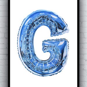 G Ballon Tusche Zeichnung - Kunstdruck - A5 A4 A3 Größen - Marker Stift Illustration - Folie Alphabet Buchstabe G Kunstwerk blau rosa silber