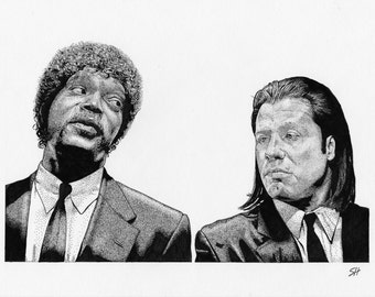 May include: Black and white pen and ink drawing of two men with short hair and suits. The man on the left has a curly afro and is looking up. The man on the right has long hair and is looking straight ahead.