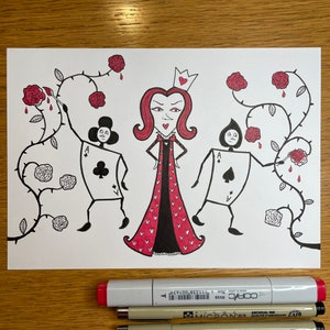 Disegno a penna a inchiostro Queen of Hearts - &quot;Suit&quot; Inktober 2021 giorno 2 - Opera d&#39;arte ORIGINALE - Ispirato ad Alice nel Paese delle Meraviglie