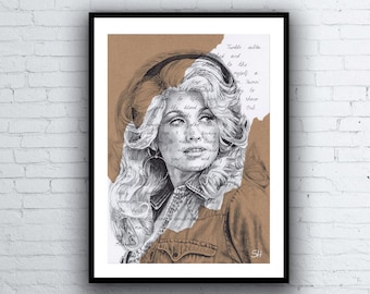 Dolly Parton Portrait Drawing - Giclée art print with 9 to 5 song lyrics A5 A4 A3 size