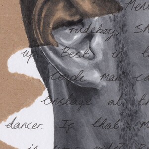 Peut inclure: Un dessin en noir et blanc d'un visage avec le texte "rudeboy" &eacute;crit sur le front. Le texte "Best in the couple man can onstage at the dancer. If that makes sense?" est &eacute;crit sur le papier derri&egrave;re le visage.