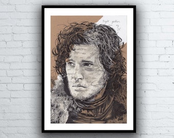 Jon Snow ORIGINAL Portrait Drawing with Night's Watch Oath - A4 Size Game of Thrones Kit Harington artwork