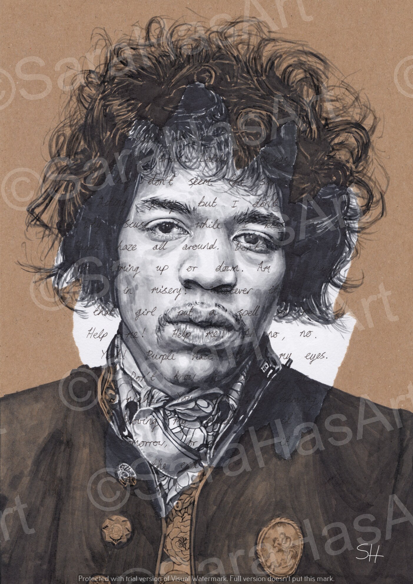 絵画 Portrait Jimi Hendrix ORIGINAL Portrait Drawing With Purple Haze Song