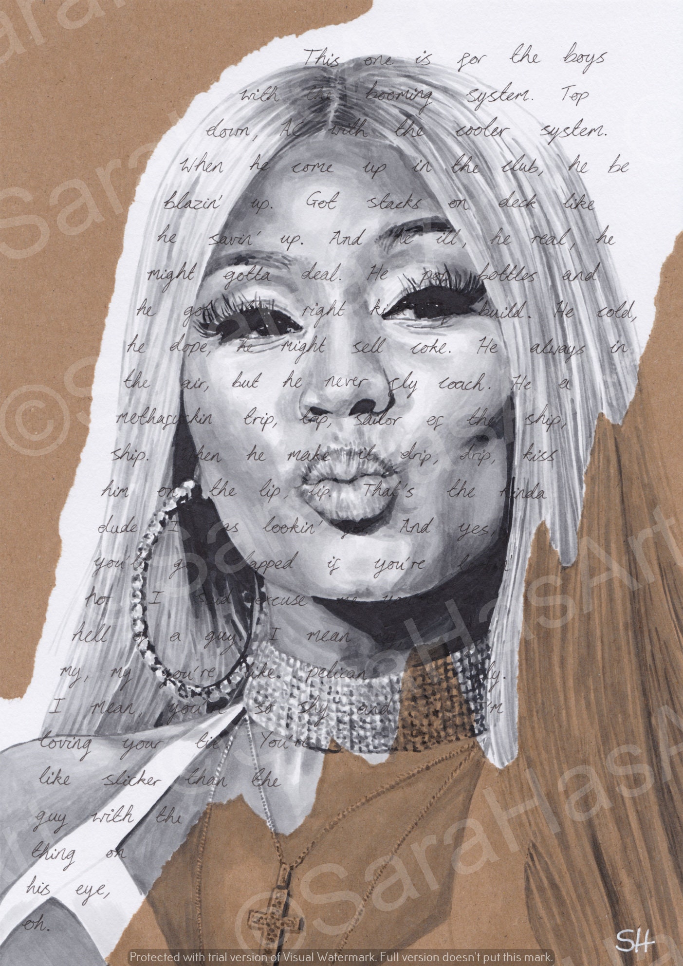 Nicki Minaj ORIGINAL Portrait Drawing With Super Bass Lyrics - A4